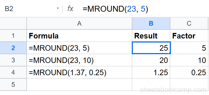MROUND formula examples with multiples of 5, 10, and 0.25