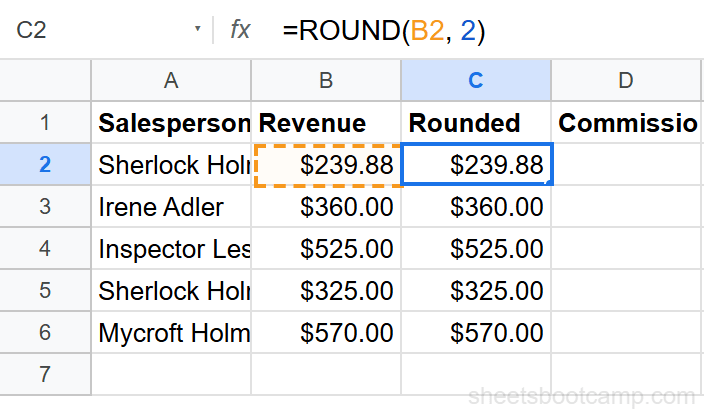 ROUND formula entered in cell C2 referencing B2 with 2 decimal places