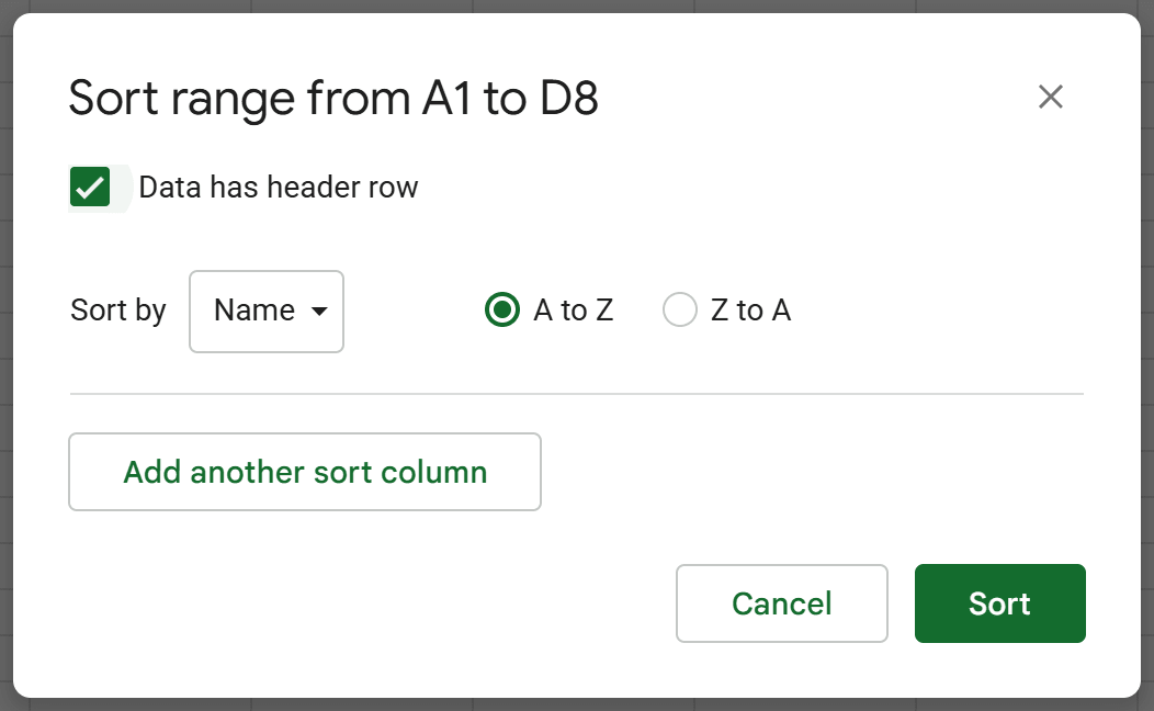 Sort range dialog with Data has header row checked, Sort by set to Name and A to Z selected
