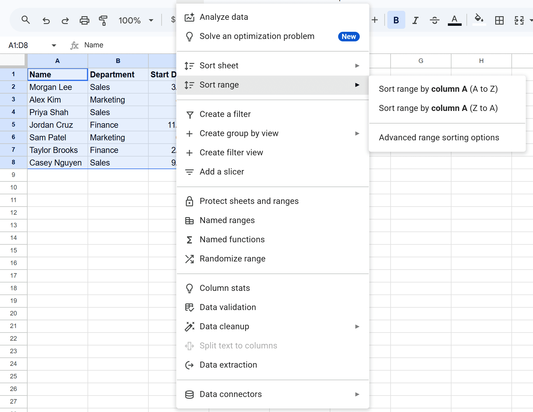 Data menu in Google Sheets with Sort range open, showing Sort range by column A (A to Z), (Z to A) and Advanced range sorting options