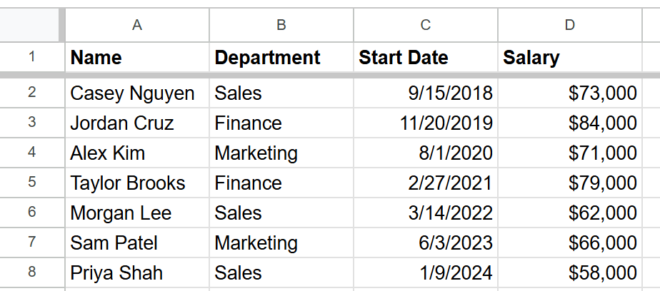 Employee list sorted by start date from 9/15/2018 to 1/9/2024, header row frozen in place