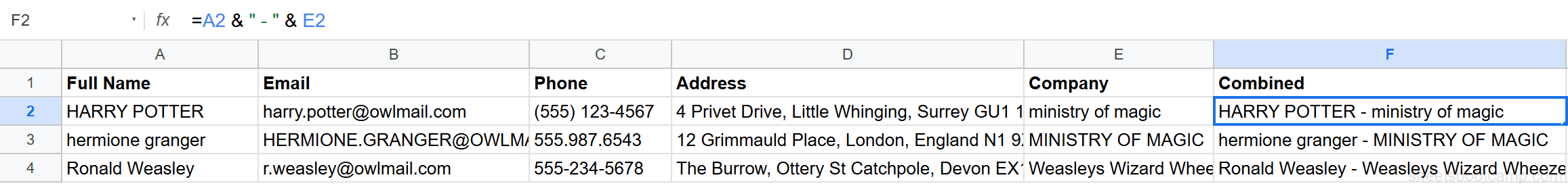 Ampersand formula joining name and company with dash separator in cell F2