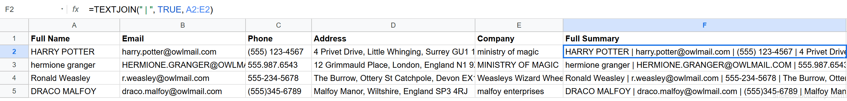 TEXTJOIN formula with pipe separator joining all five columns for each contact