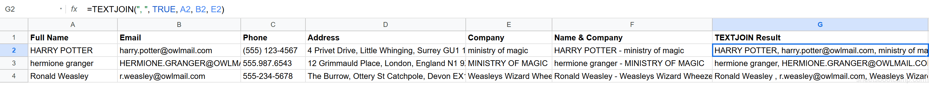 TEXTJOIN formula joining name, email, and company with comma delimiter