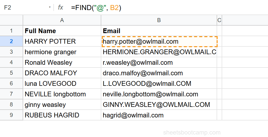 FIND function locating the at symbol position in an email address