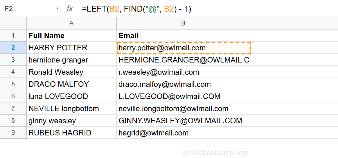 FIND combined with LEFT to extract username from email address