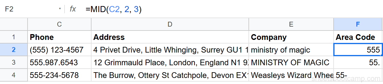 MID function extracting area code 555 from phone number starting at position 2
