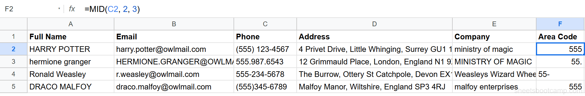 MID formula in cell F2 extracting area code 555 from phone number