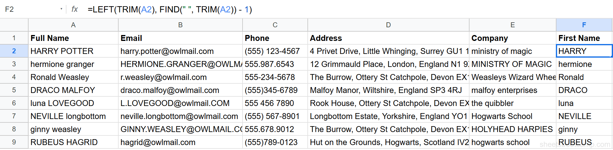 LEFT and FIND formula extracting first name HARRY from the trimmed full name