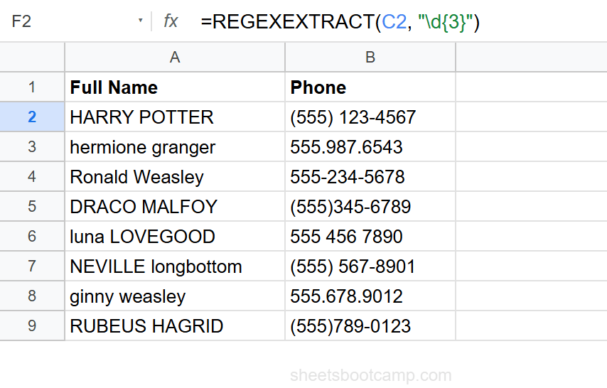 REGEXEXTRACT pulling area code digits from phone numbers