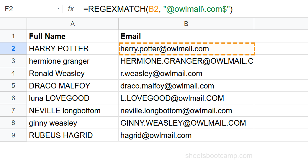 REGEXMATCH checking if email addresses contain owlmail domain
