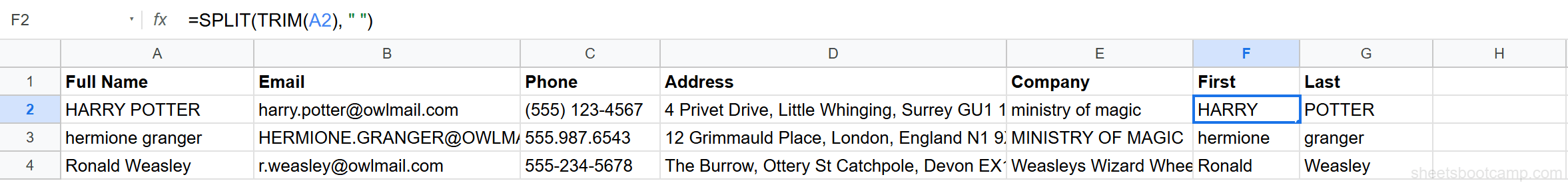 SPLIT function separating a full name into first and last name by space