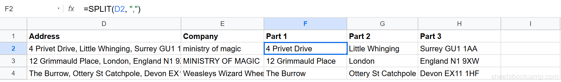 SPLIT formula in cell F2 separating Harry Potter's address into three columns at each comma