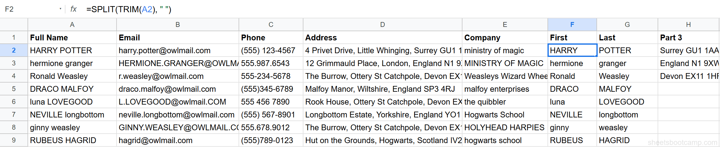 SPLIT function with TRIM extracting first and last name from full name column