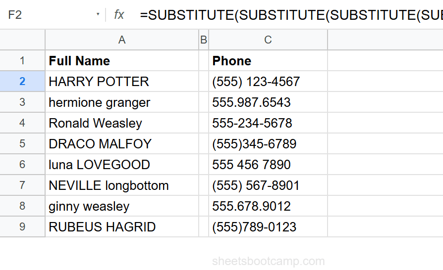 Nested SUBSTITUTE removing all formatting from phone numbers