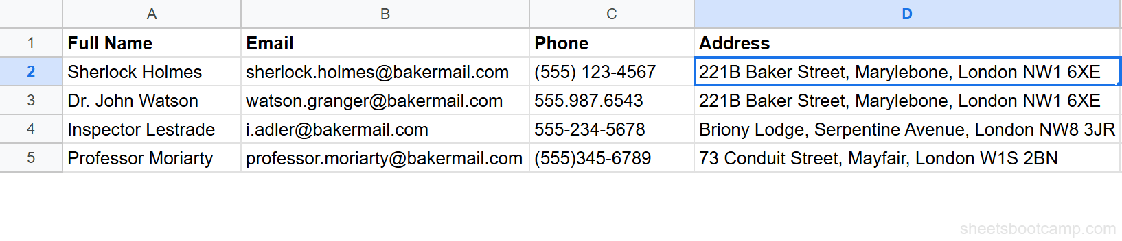 Data menu showing selected address cells ready for splitting
