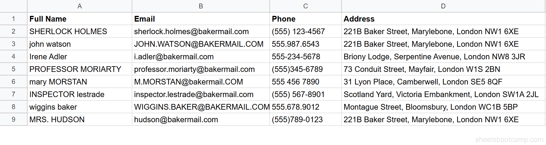 Contacts table with full addresses to split into columns in Google Sheets