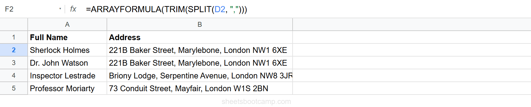 SPLIT function separating address into street, city, and region columns