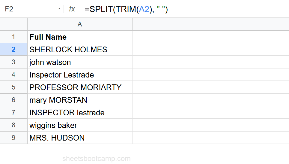SPLIT with TRIM separating first and last names from messy full name column