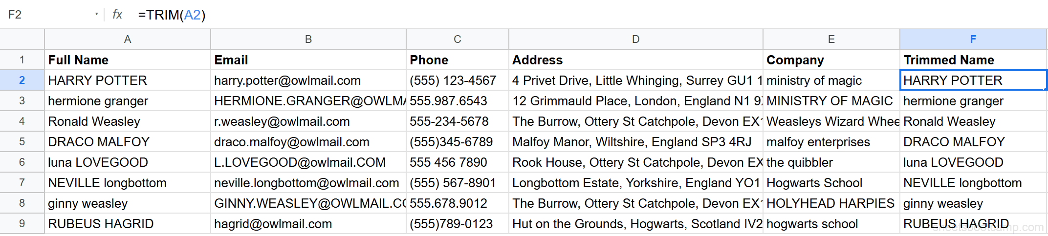 TRIM formula in cell F2 cleaning extra spaces from each name in the column
