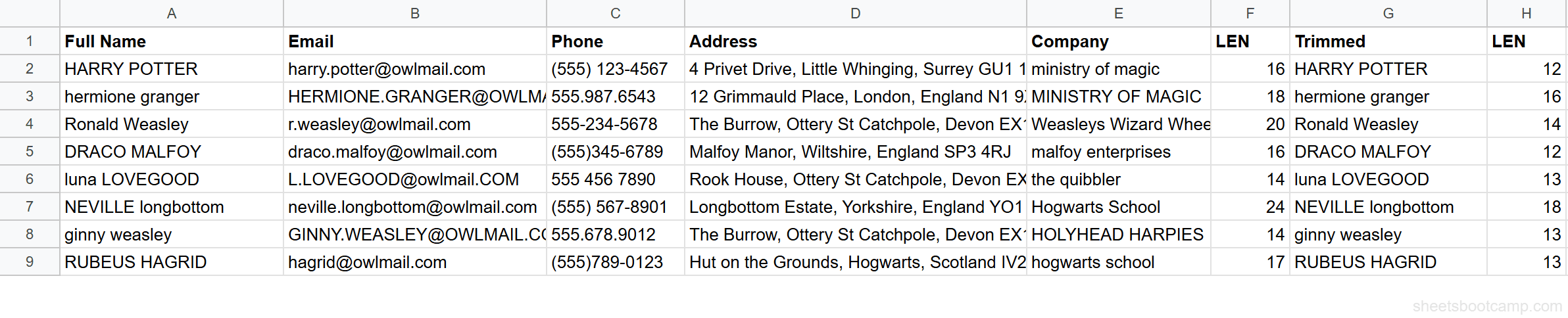 LEN comparison showing character count before and after TRIM for each name