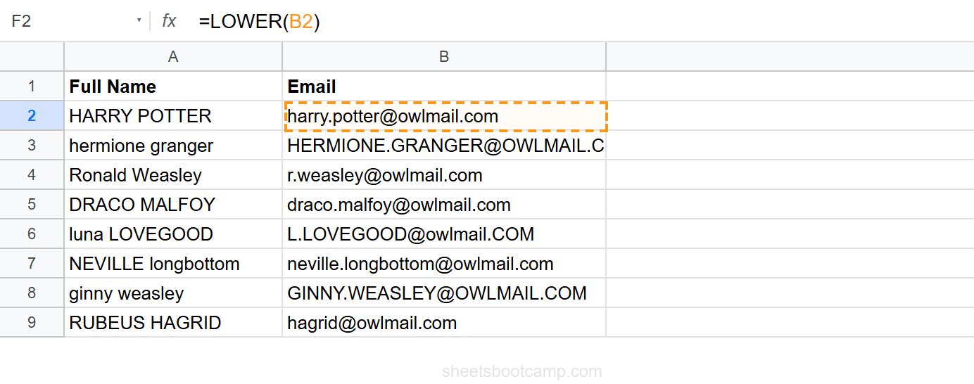 LOWER function standardizing email addresses to lowercase