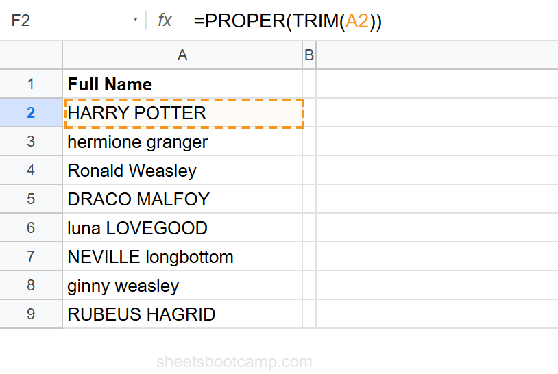 PROPER function converting messy names to title case in Google Sheets