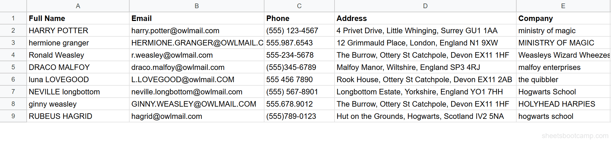 Messy contacts table with inconsistent name casing in Google Sheets