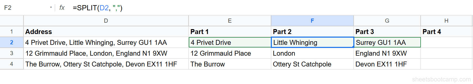 SPLIT function separating an address into individual cells at each comma