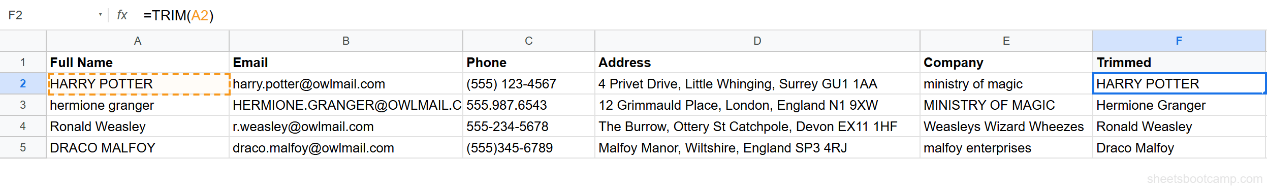 TRIM formula in cell F2 removing extra spaces from names, showing HARRY POTTER as the result