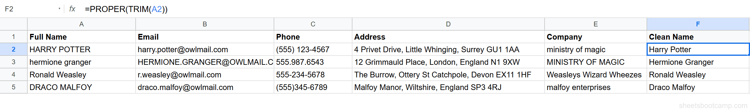 PROPER(TRIM()) formula showing cleaned and properly capitalized names for all 8 contacts