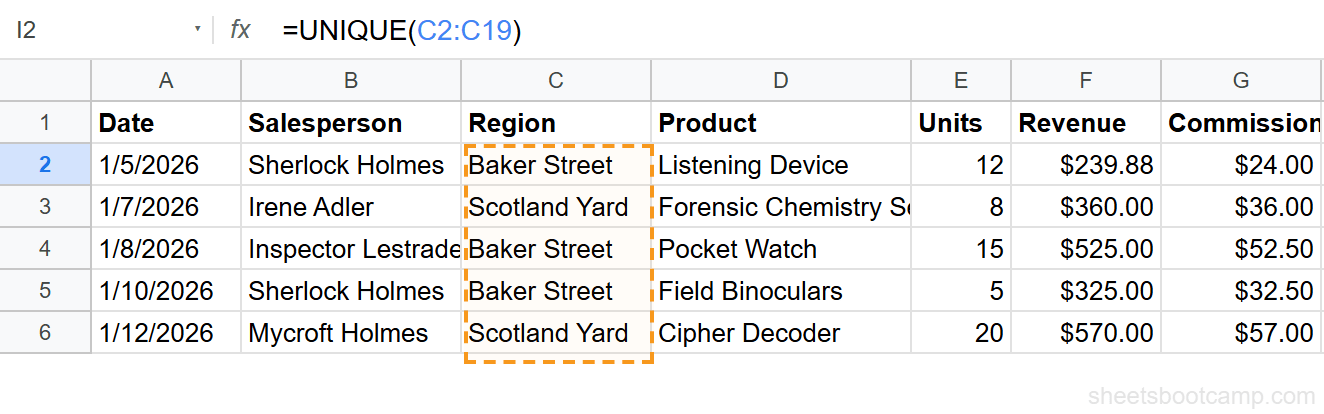 UNIQUE formula entered in cell I2 with formula bar showing =UNIQUE(C2:C19)