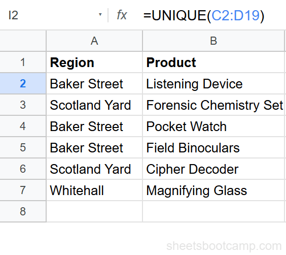UNIQUE applied to two columns showing distinct Region-Product combinations