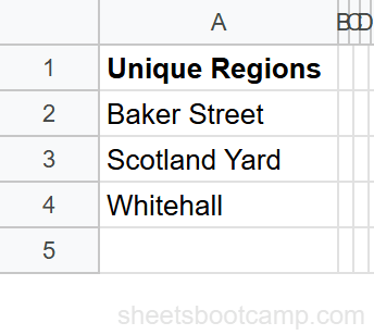 UNIQUE function result showing three distinct region names