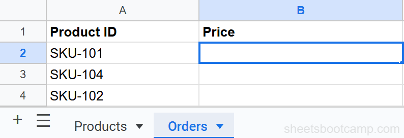 Orders sheet with product IDs and empty price column