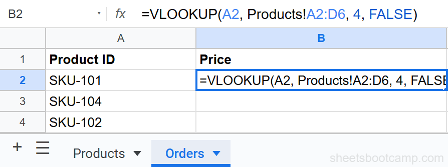 VLOOKUP formula referencing the Products sheet in the formula bar