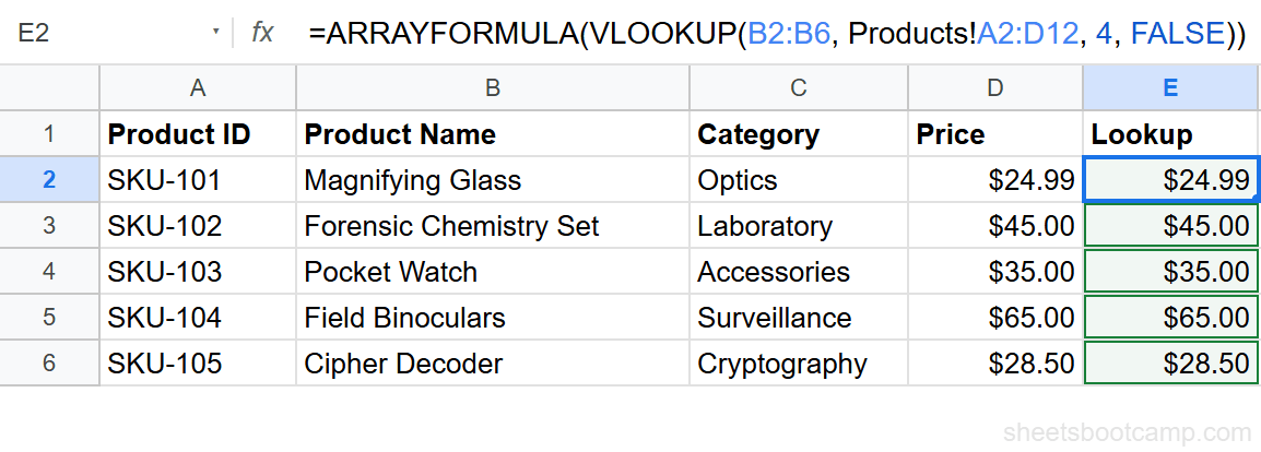 Basic VLOOKUP ARRAYFORMULA filling 5 rows with product prices