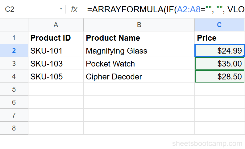 ARRAYFORMULA VLOOKUP with IF handling empty rows