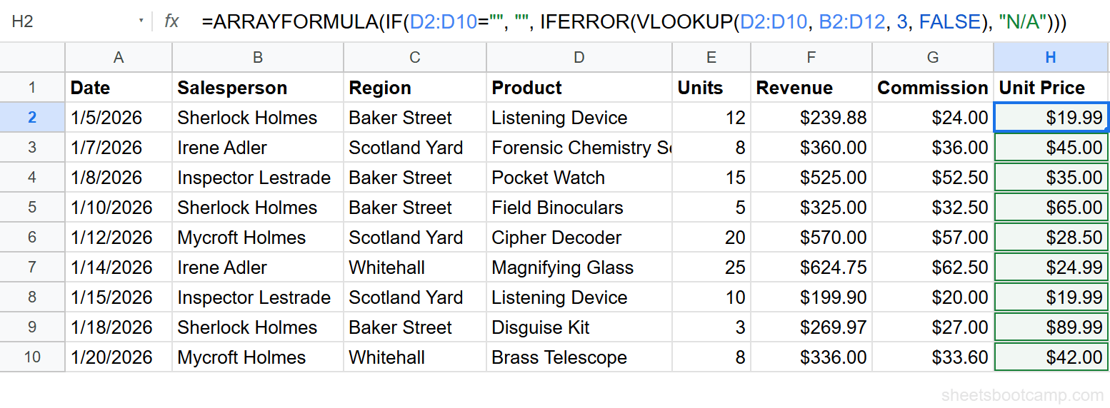 ARRAYFORMULA VLOOKUP results showing prices for all 9 sales rows