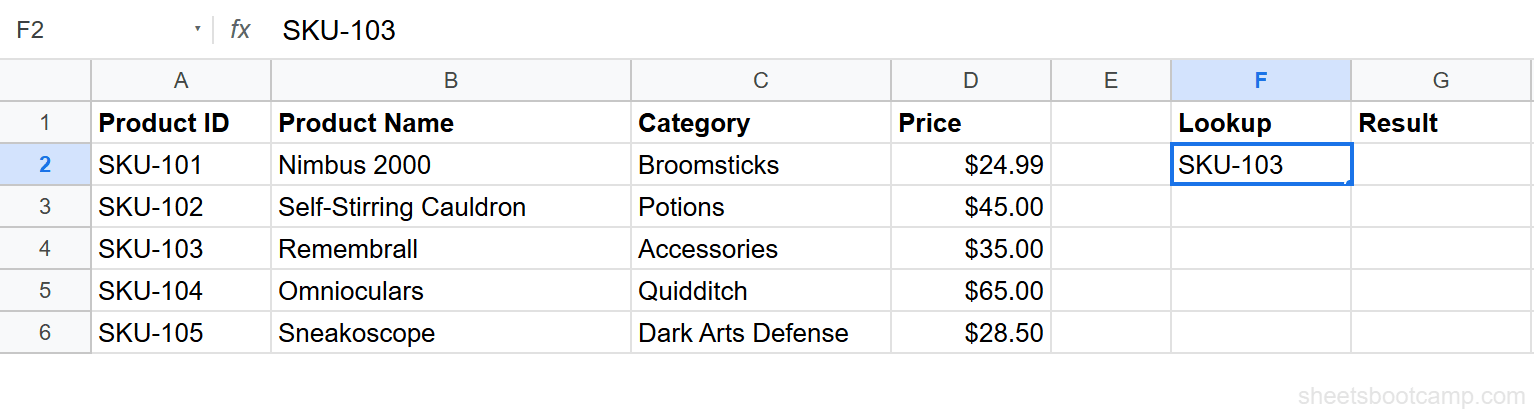 Cell F2 selected with SKU-103 as the lookup value
