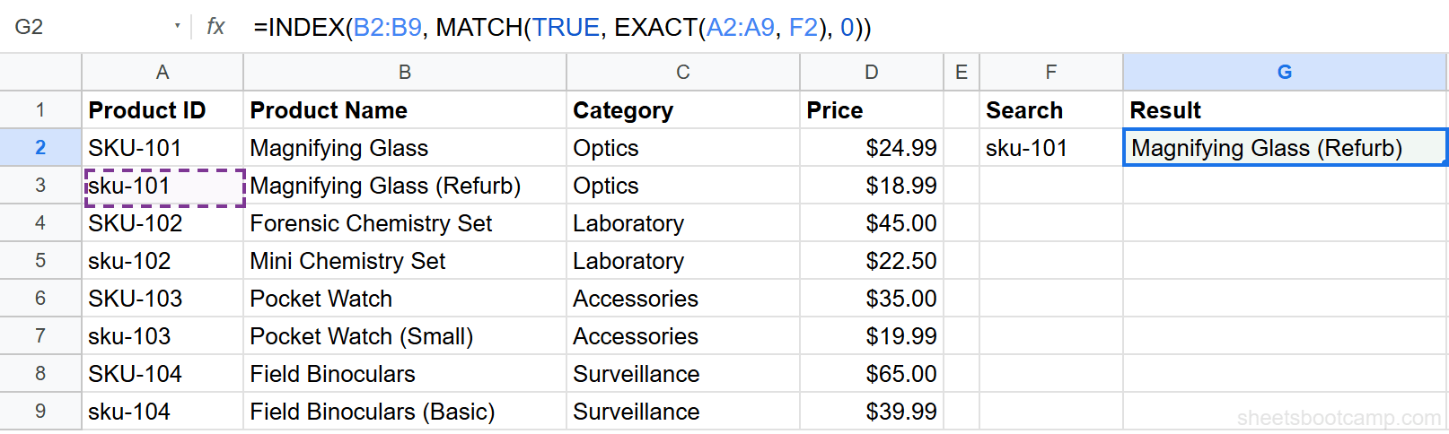 Case-sensitive result showing correct category for lowercase sku-101