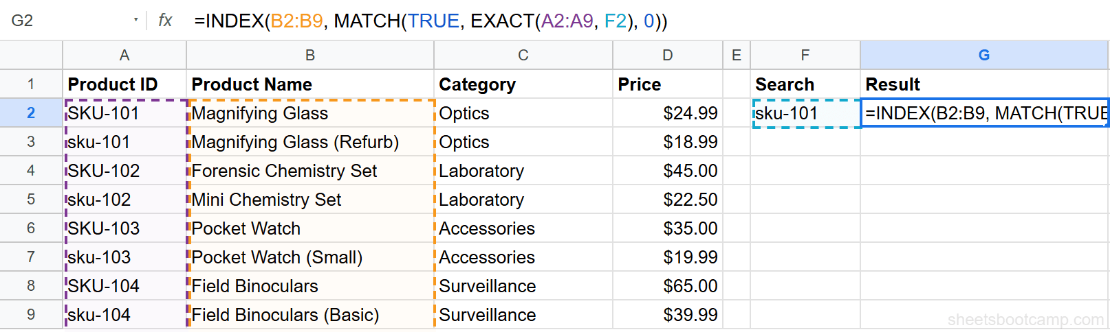 INDEX MATCH EXACT formula entered in G2 with formula bar visible
