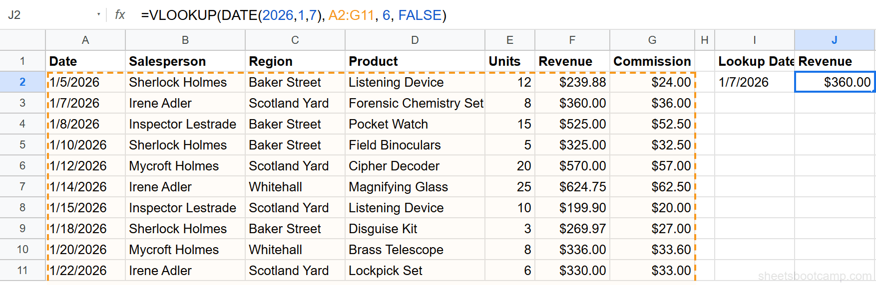 VLOOKUP formula using DATE function to look up January 7 sale