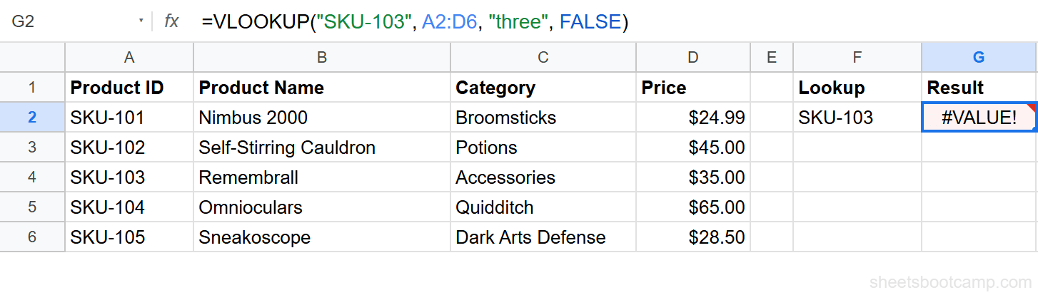 #VALUE! error in VLOOKUP from invalid argument