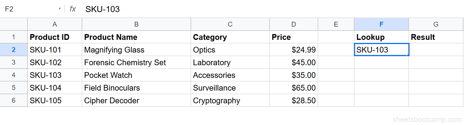 Cell F2 with SKU-103 ready for conditional VLOOKUP