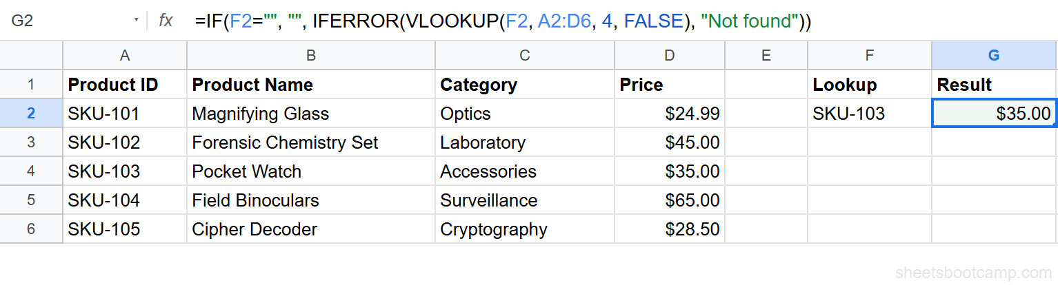 Results showing $35.00 for valid SKU in conditional VLOOKUP