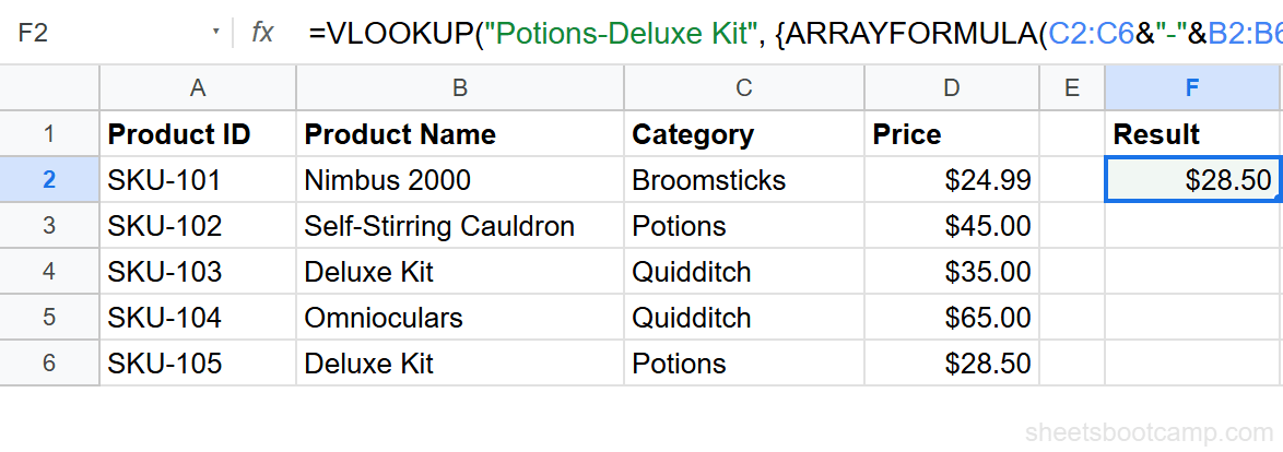 ARRAYFORMULA VLOOKUP for multiple criteria without helper column