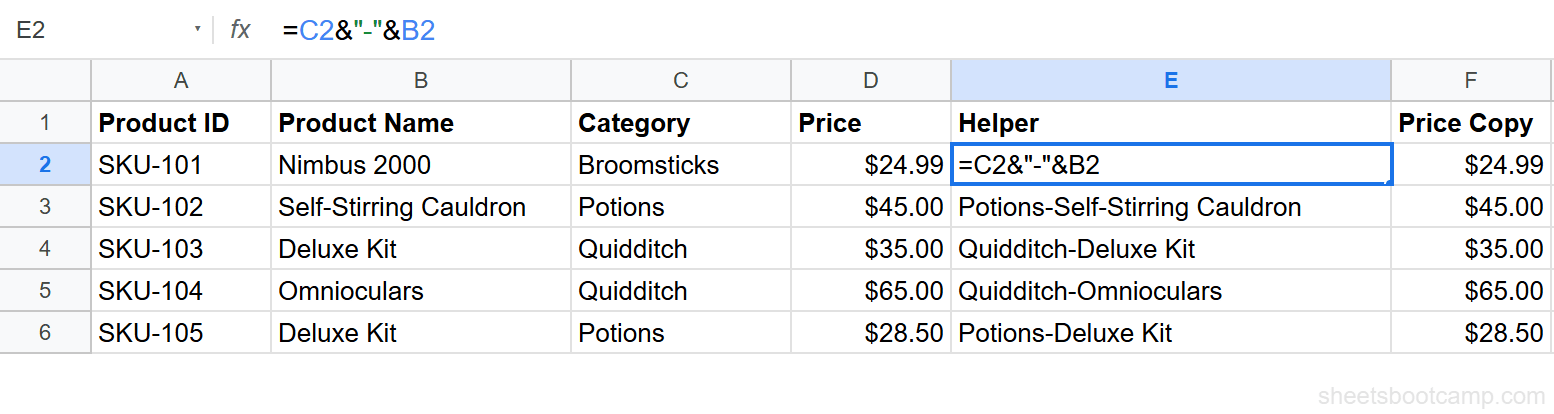 Helper column E combining Category and Product Name