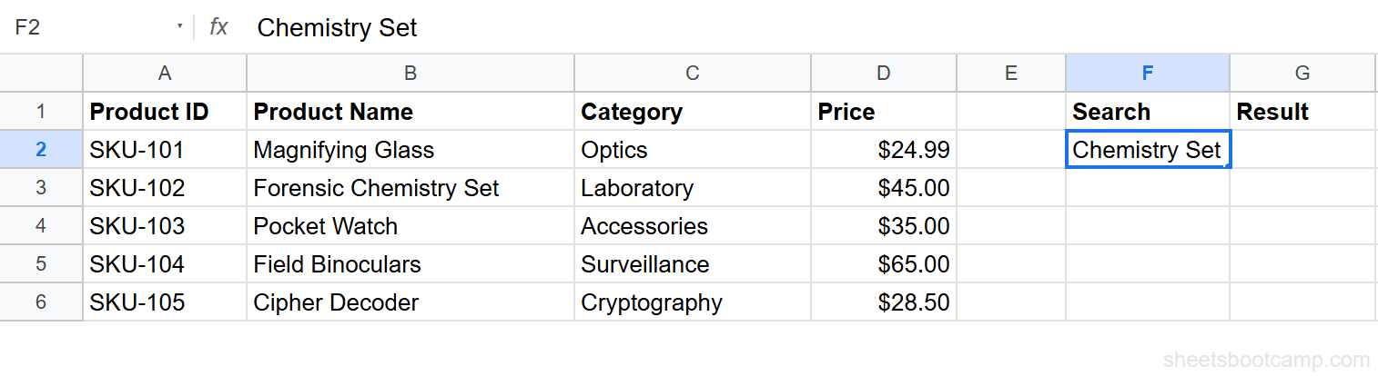 Cell F2 with partial search term Chemistry Set for wildcard lookup