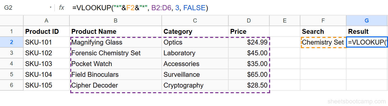 VLOOKUP formula with wildcard and cell reference in formula bar